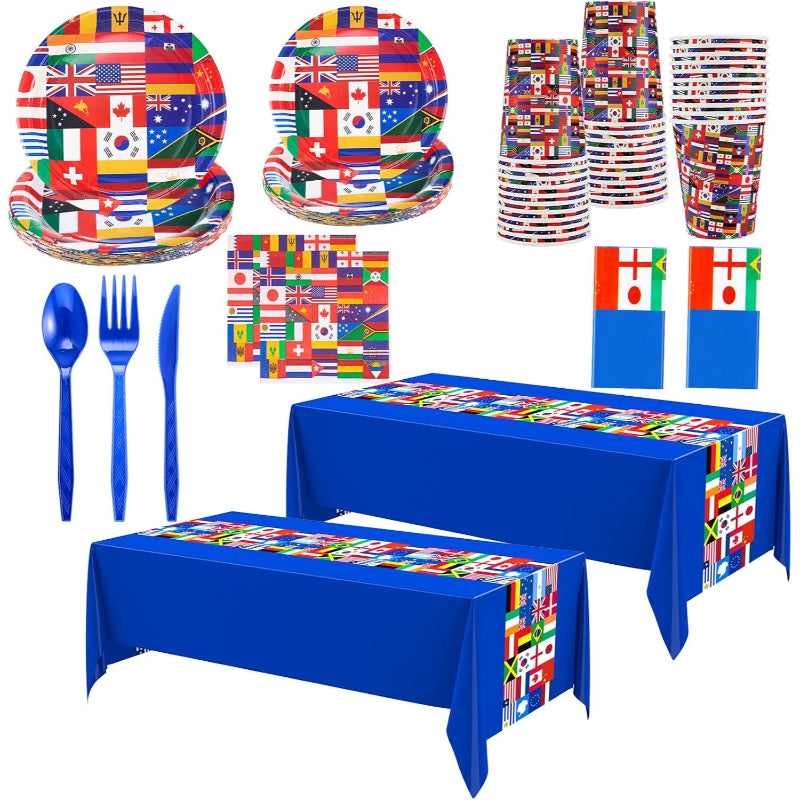 162 Pc World Flags Printed Party Tableware Set-Globe Flags