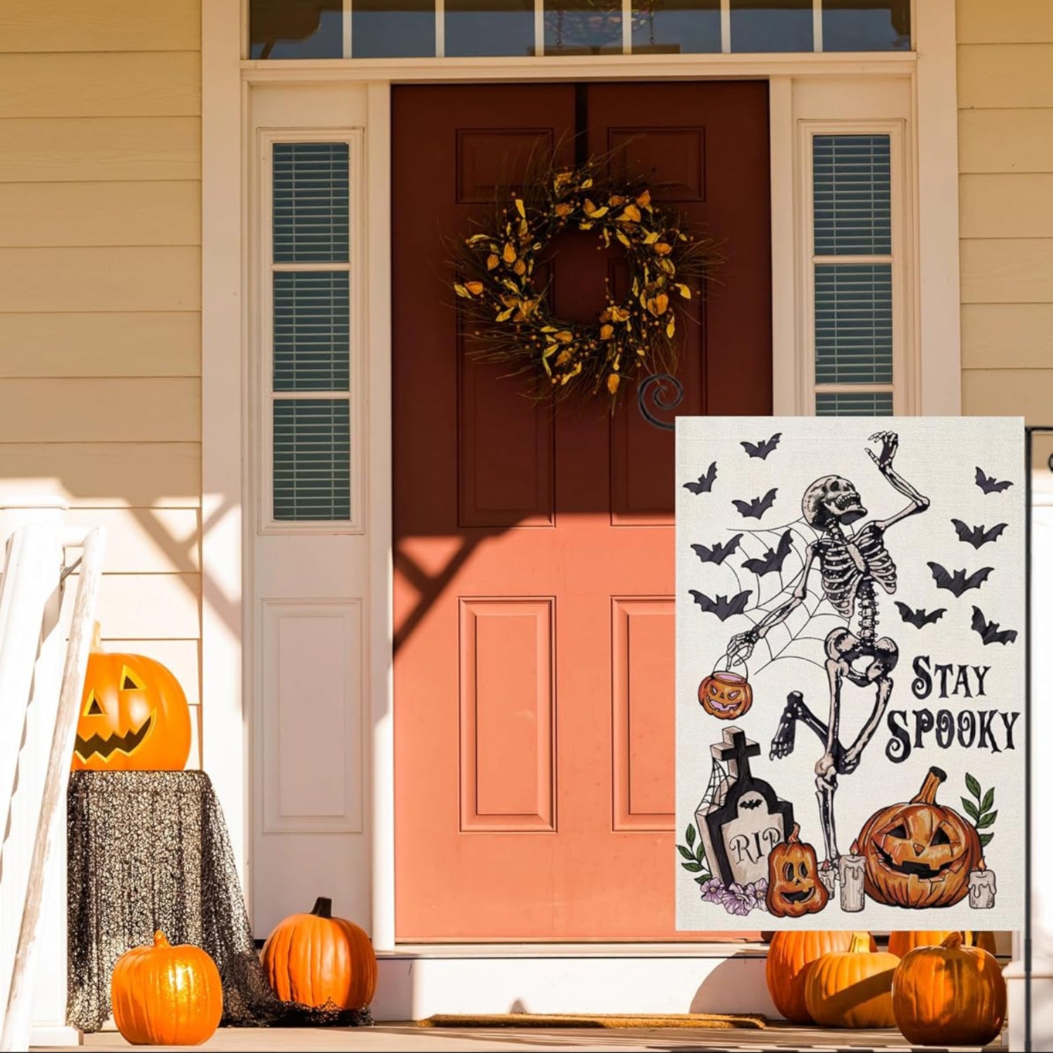 Halloween Garden Flags For Outside Decoration displayed outdoors on garden stake