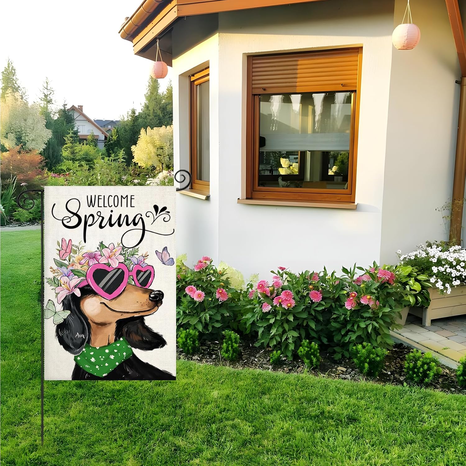 Dachshund Printed Garden Flag in garden yard setting