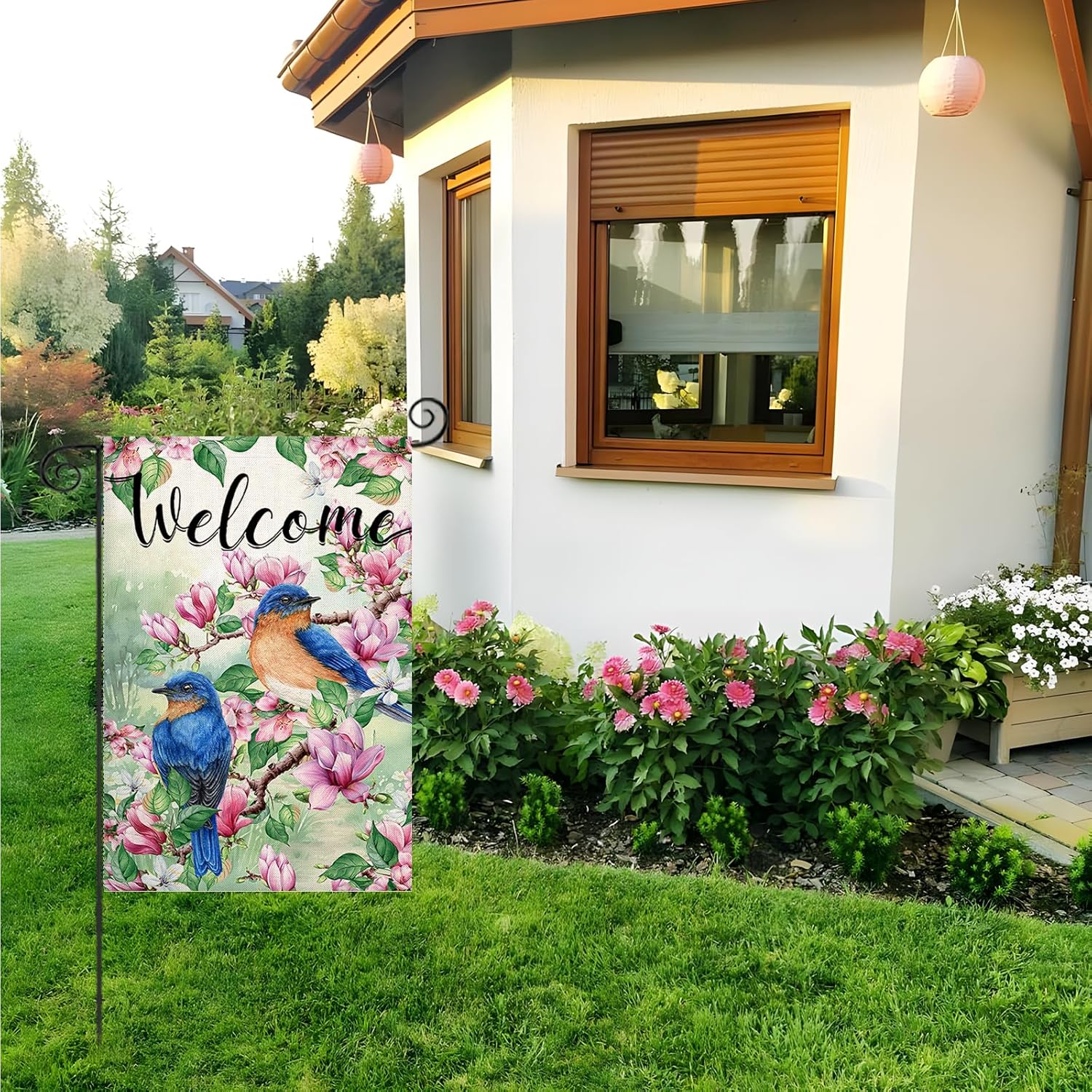 Flower And Birds Designed Decorative Welcome Sign with brass grommet hardware detail