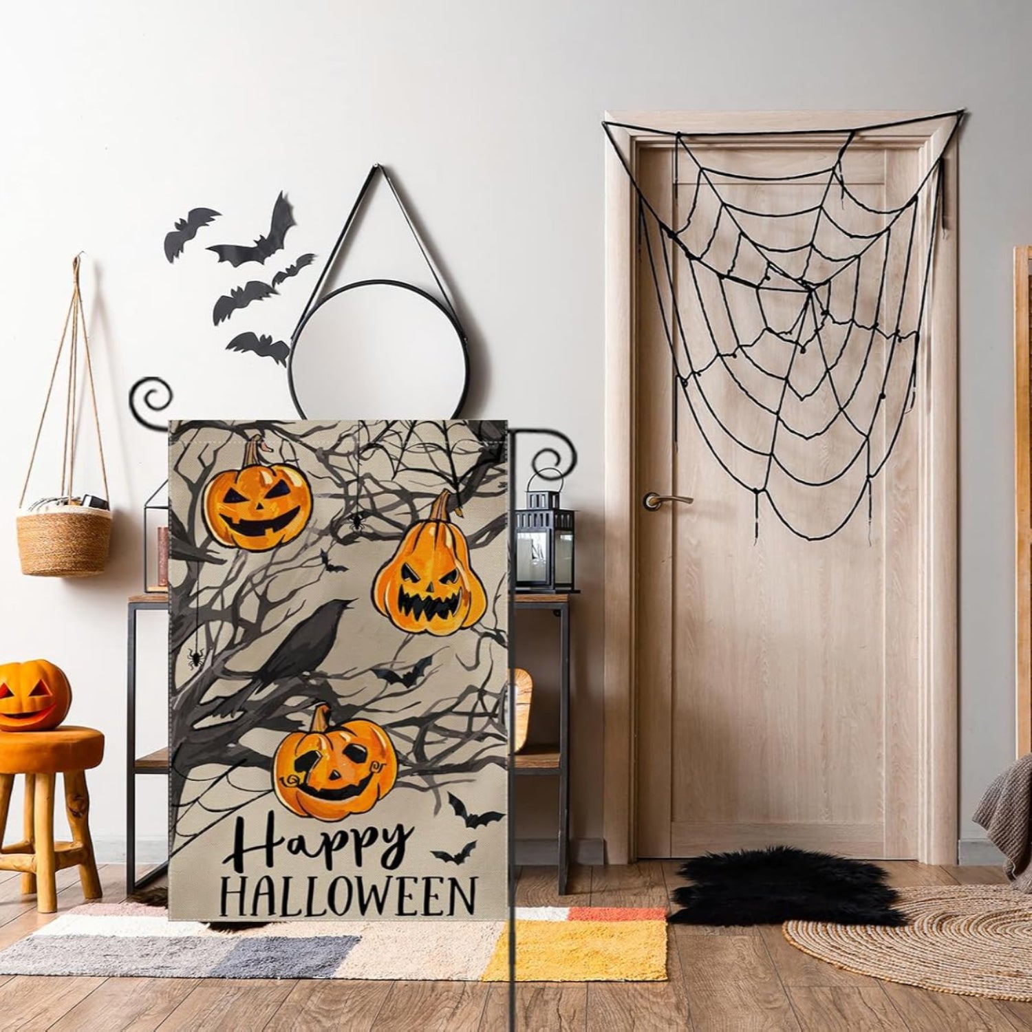Happy Halloween Printed Garden Flag in garden yard setting