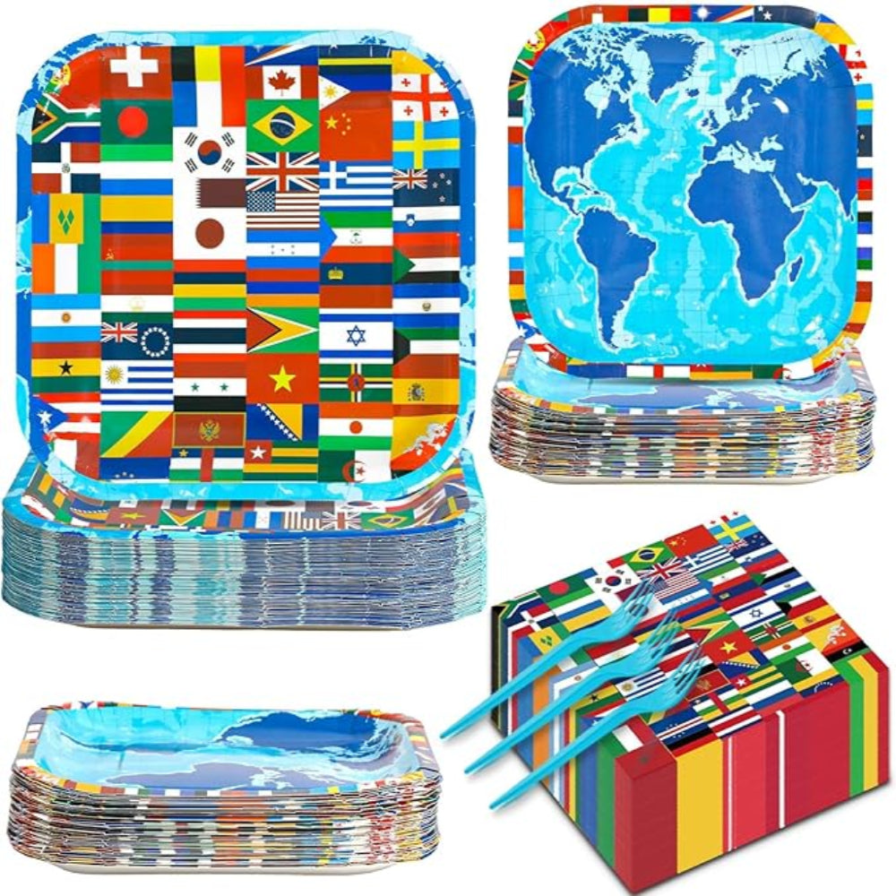 200 Piece World Flag Printed Party Tableware Set - front view on white background