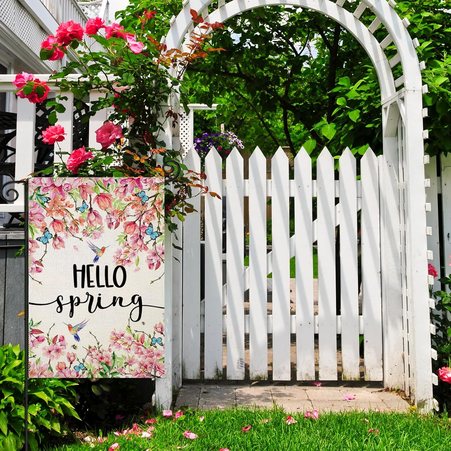 Hello Spring Print Welcome Sign For Garden Decoration close-up showing fabric texture and vivid colors