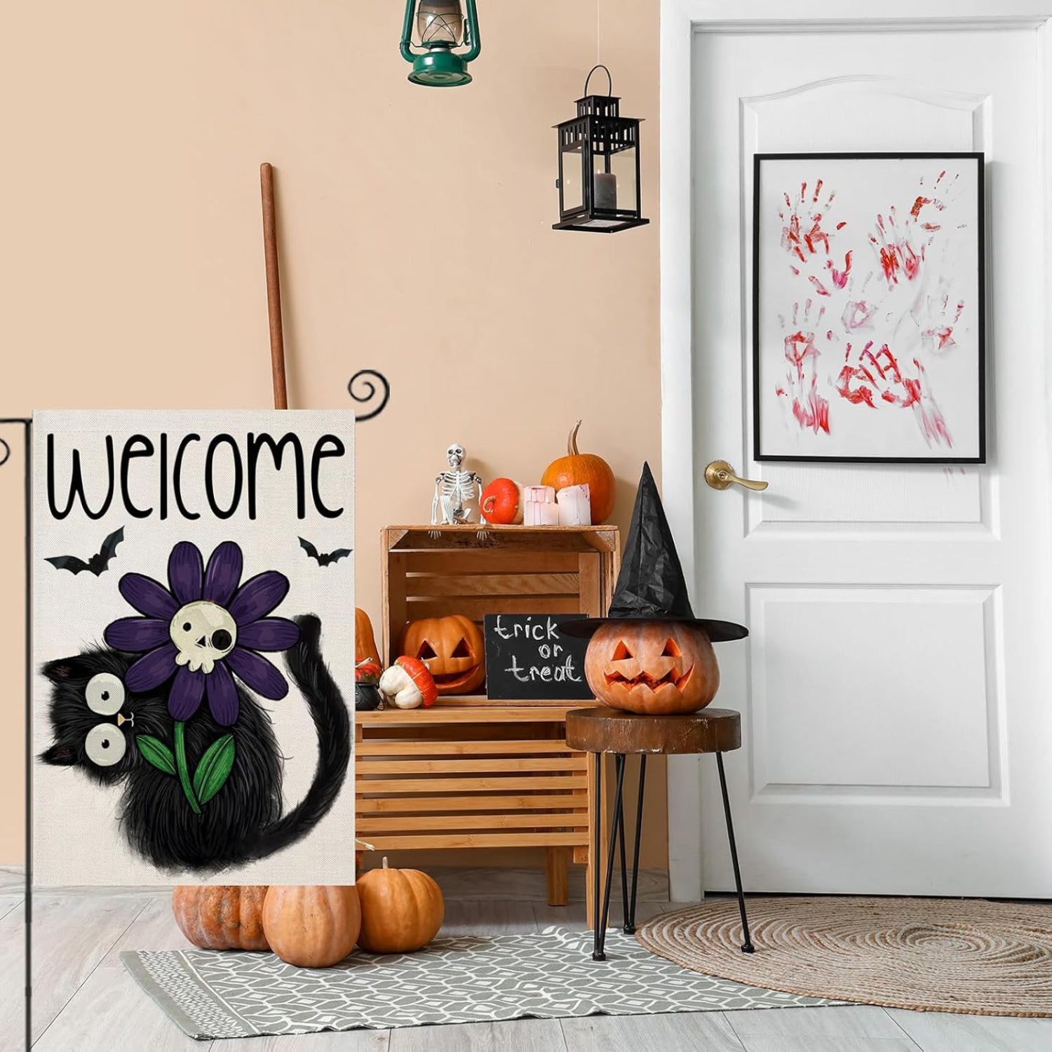 Halloween Theme Welcome Sign Flag For Decoration close-up showing fabric texture and vivid colors