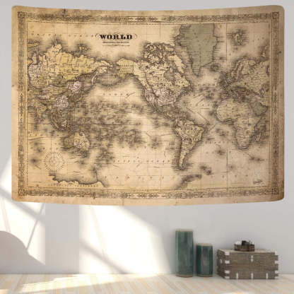 Old World Map Banner - Vintage Tapestry For Home Decor-Globe Flags