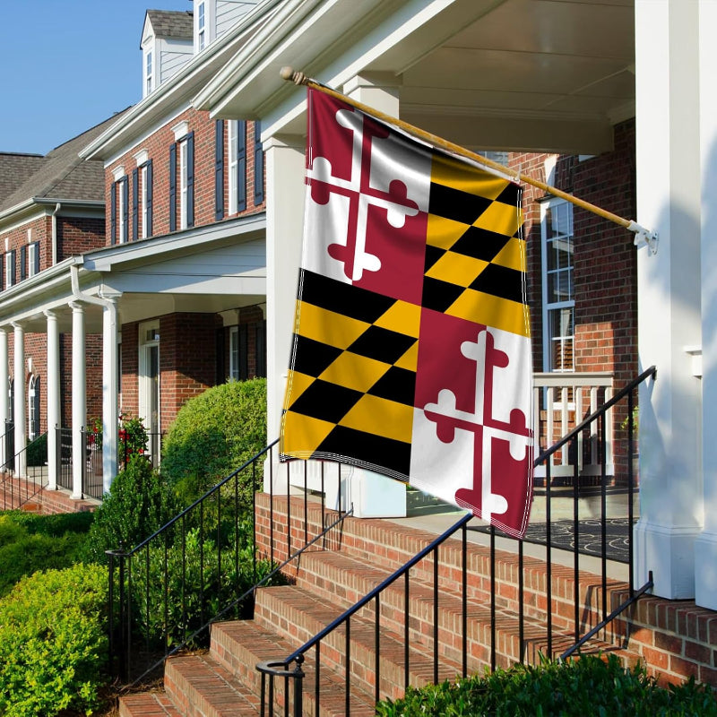 Maryland State Flag With Embroidered Design flying on outdoor flagpole