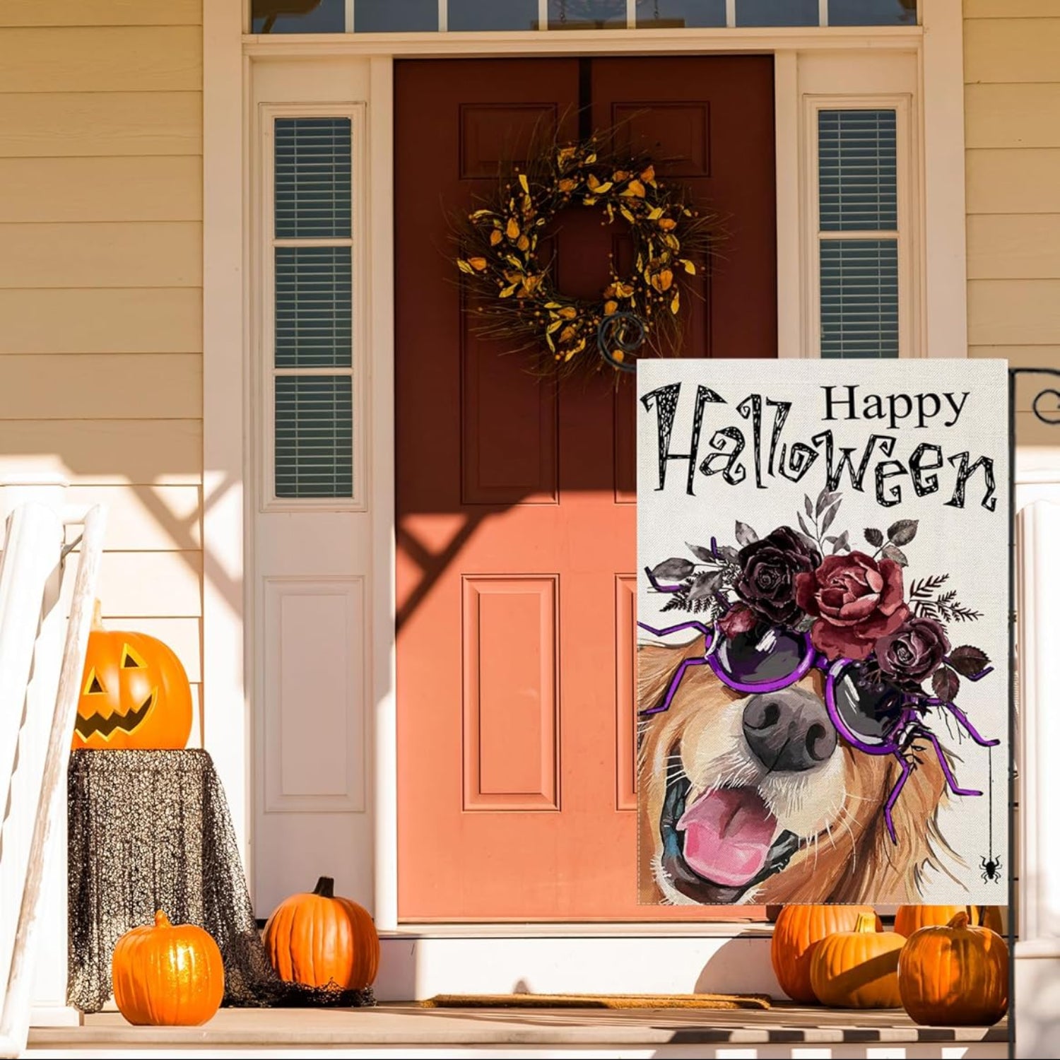 Funky Halloween Dog Printed Flag For Garden Decoration with brass grommet hardware detail
