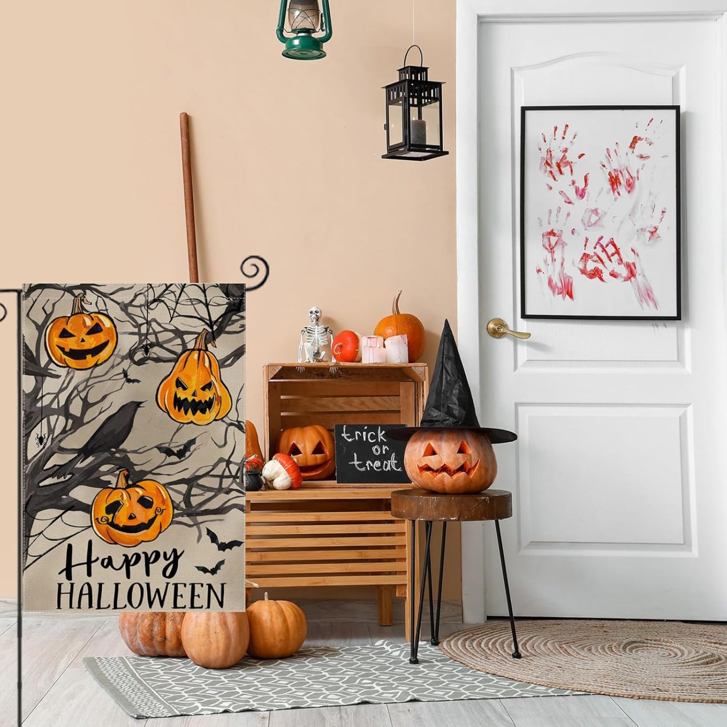 Happy Halloween Printed Garden Flag displayed outdoors on garden stake