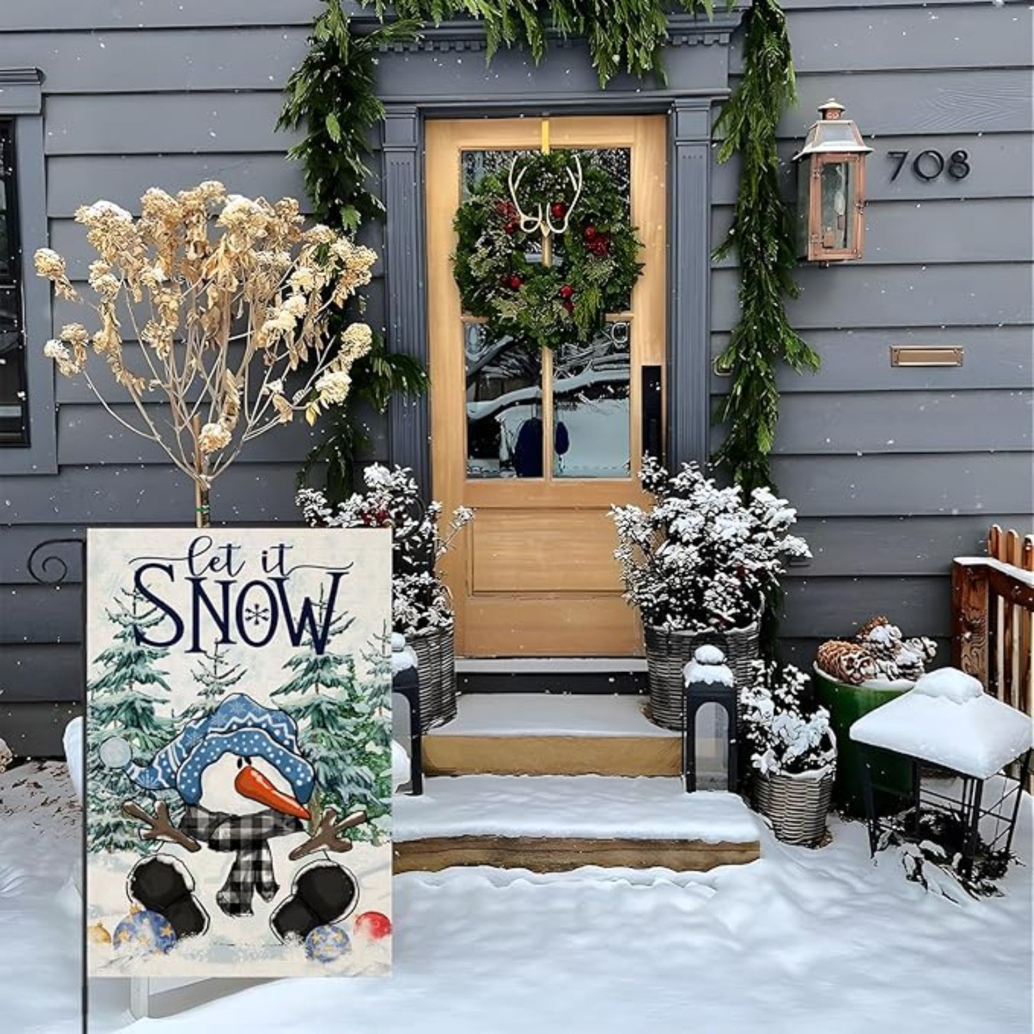 Let It Snow Printed Garden Flag For Yard Decor in garden yard setting