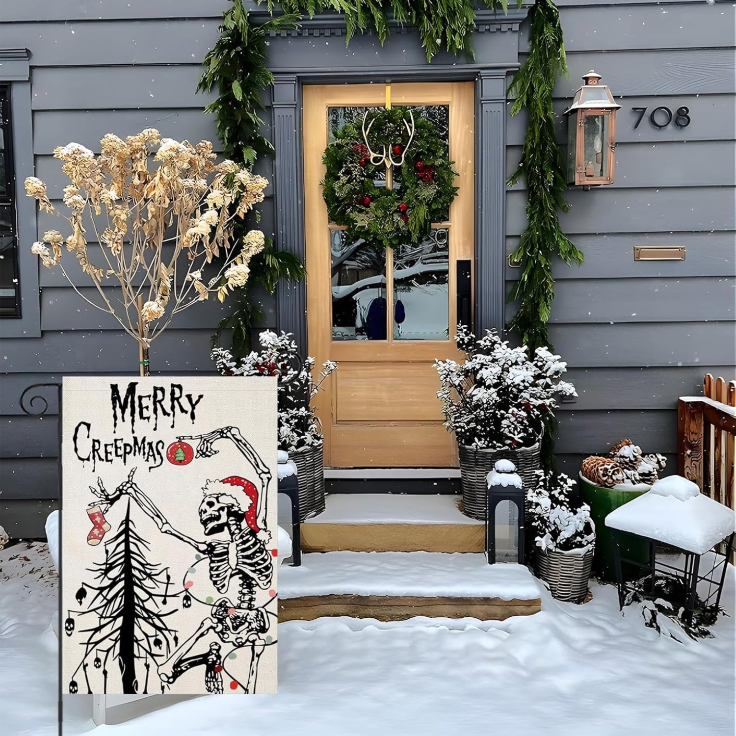 Christmas Themed Yard Flag For Decor flying on outdoor flagpole