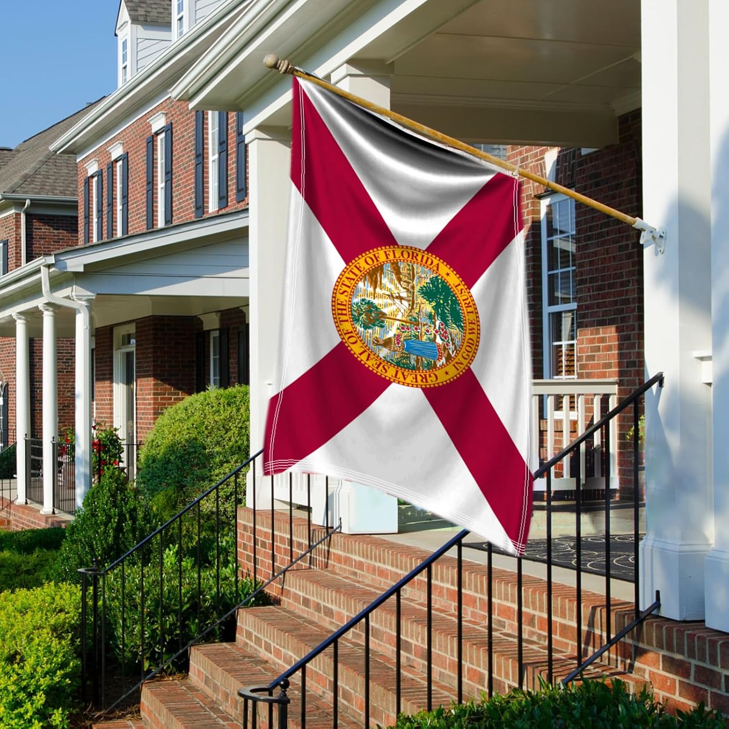 Florida State Flag With Embroidered Seal close-up showing fabric texture and vivid colors