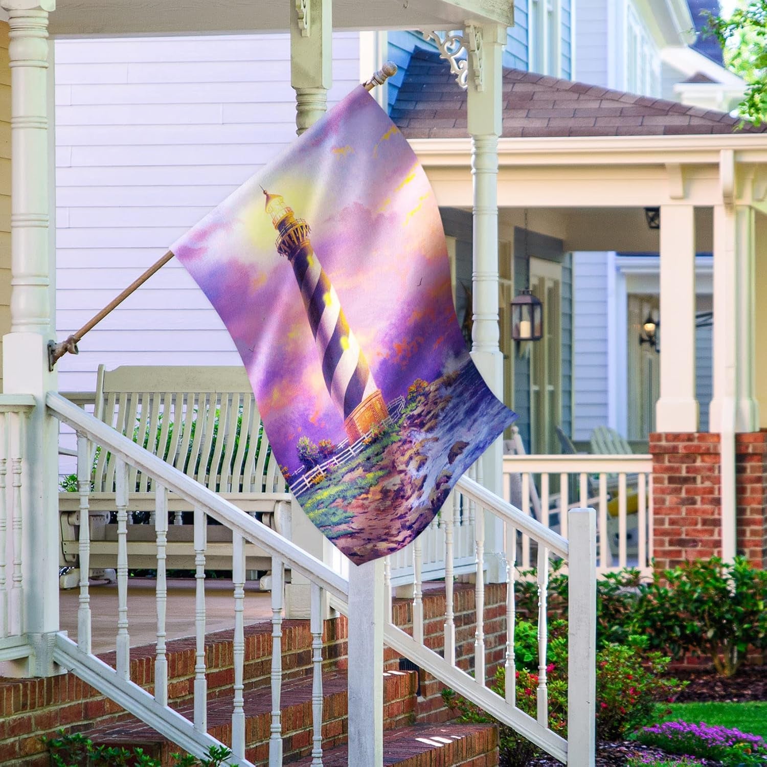 Decorative Lighthouse Printed Flag For Home And Garden flying on outdoor flagpole