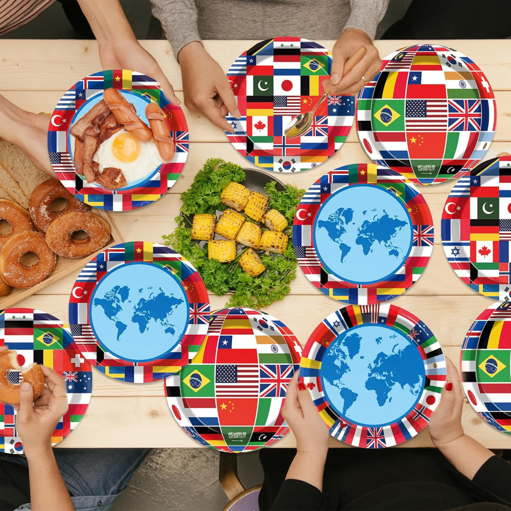 80 Pc Global Party Decorations - Disposable Party Plates displayed indoors on wall mount