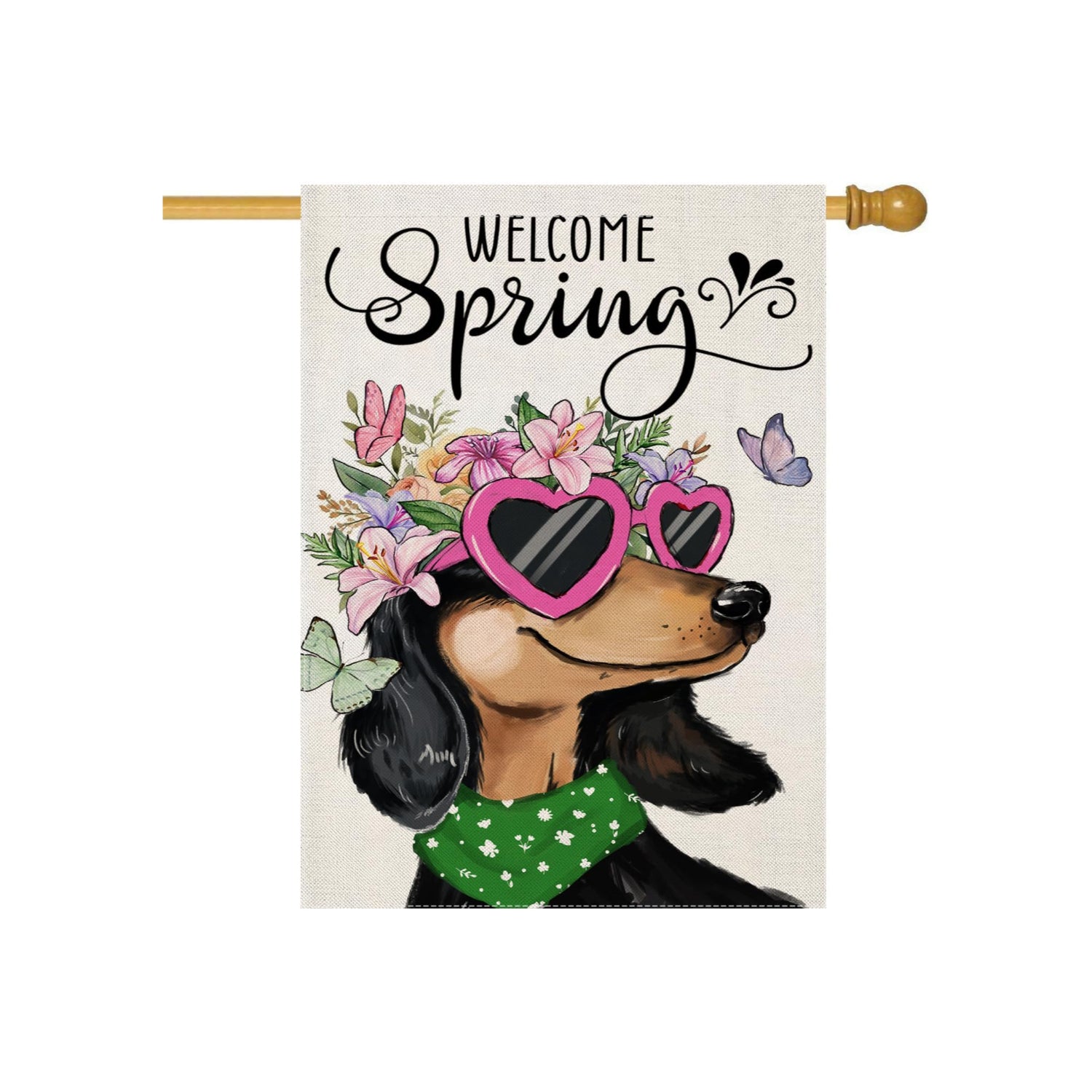 Dachshund Printed Garden Flag displayed outdoors on garden stake