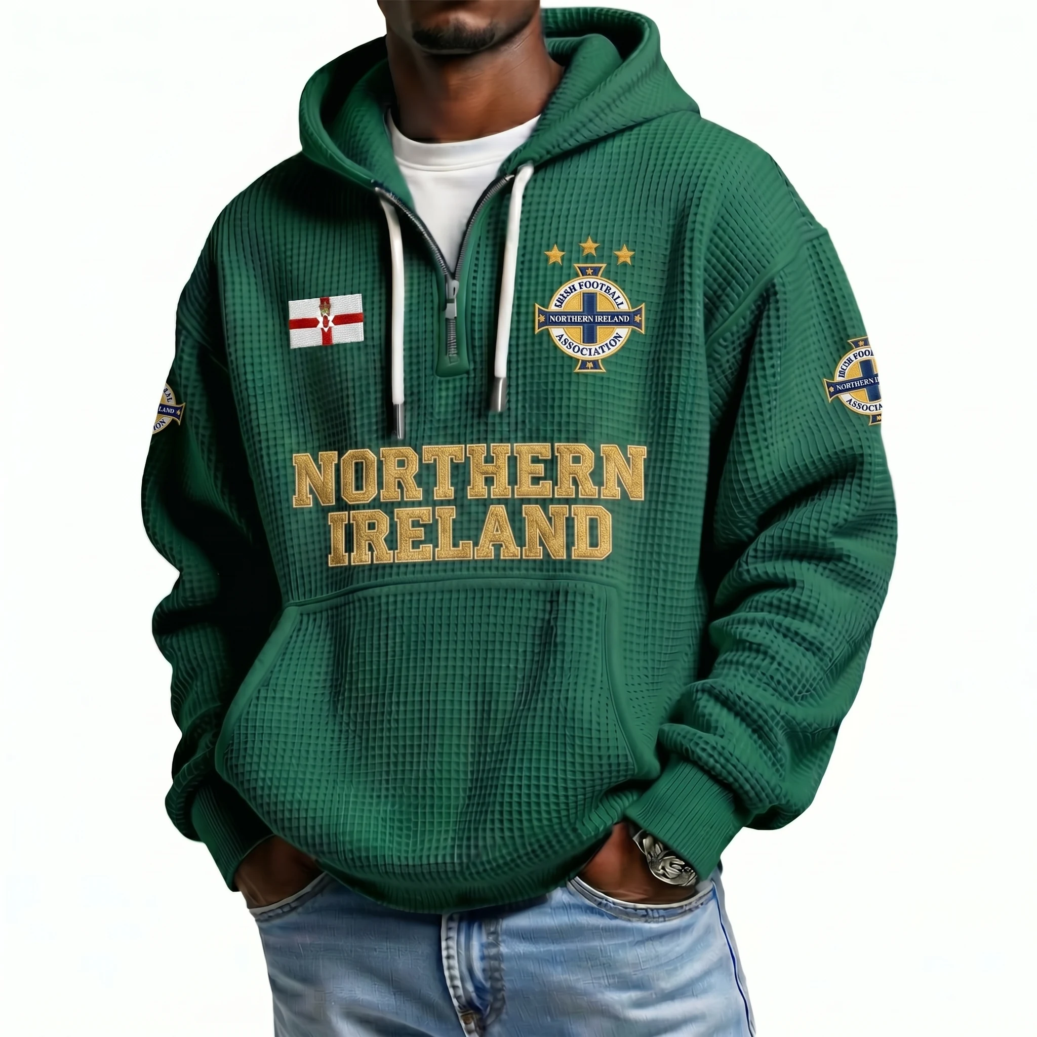 Northern Ireland Printed Waffle Quarter Zip Football Fan Hoodie