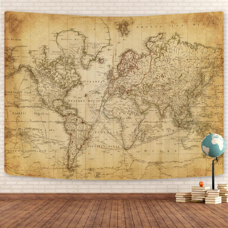 Old World Map Banner - Vintage Tapestry For Home Decor-Globe Flags