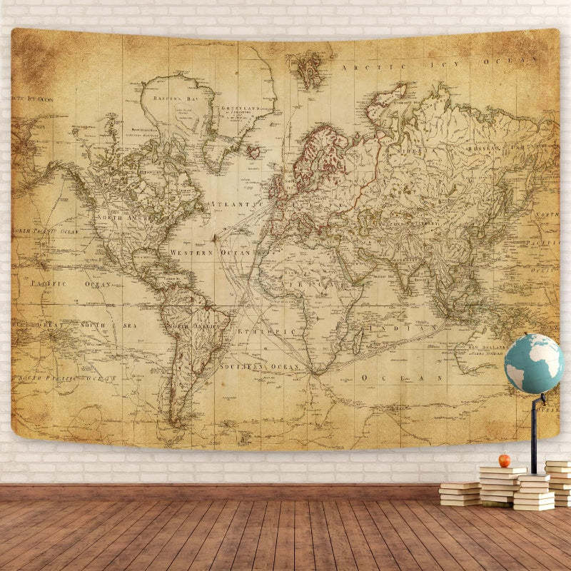 Old World Map Banner - Vintage Tapestry For Home Decor-Globe Flags