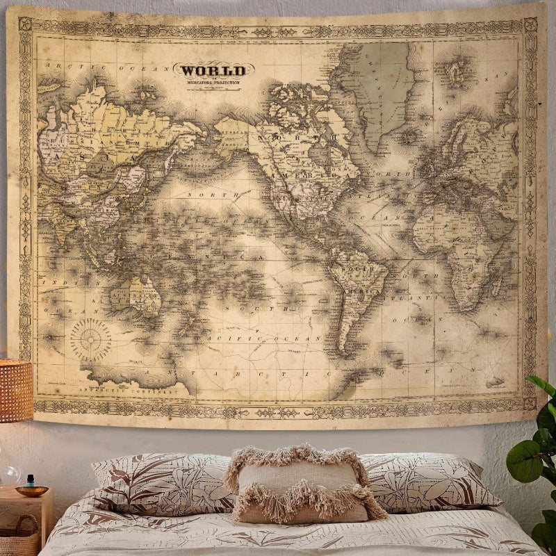 Old World Map Banner - Vintage Tapestry For Home Decor-Globe Flags