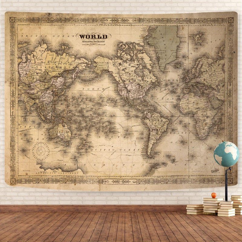 Old World Map Banner - Vintage Tapestry For Home Decor - front view