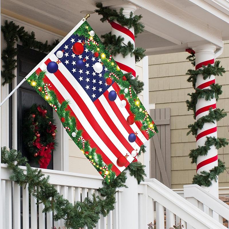 Christmas US Flag Outdoor – Holiday Decoration for Garden and Home displayed indoors on wall mount