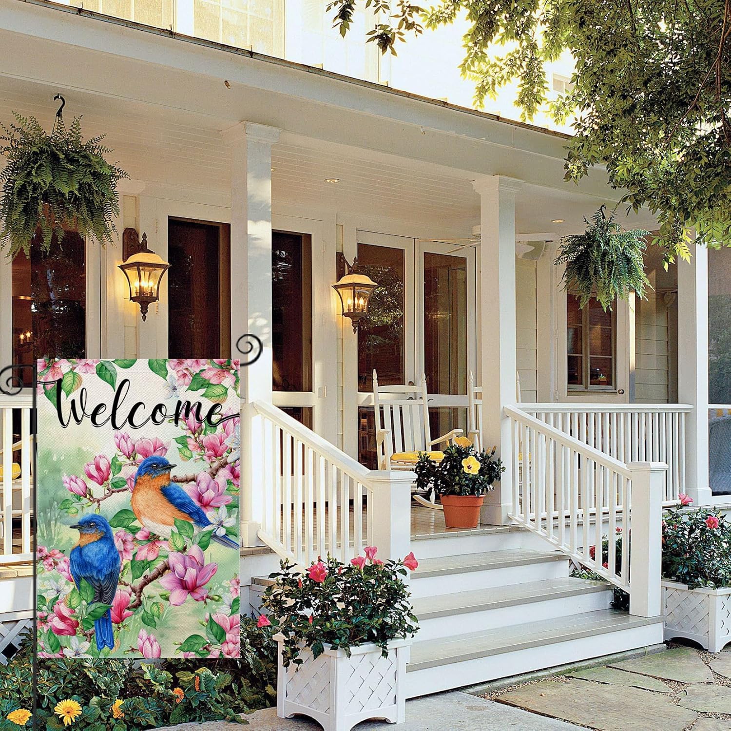 Flower And Birds Designed Decorative Welcome Sign close-up showing fabric texture and vivid colors