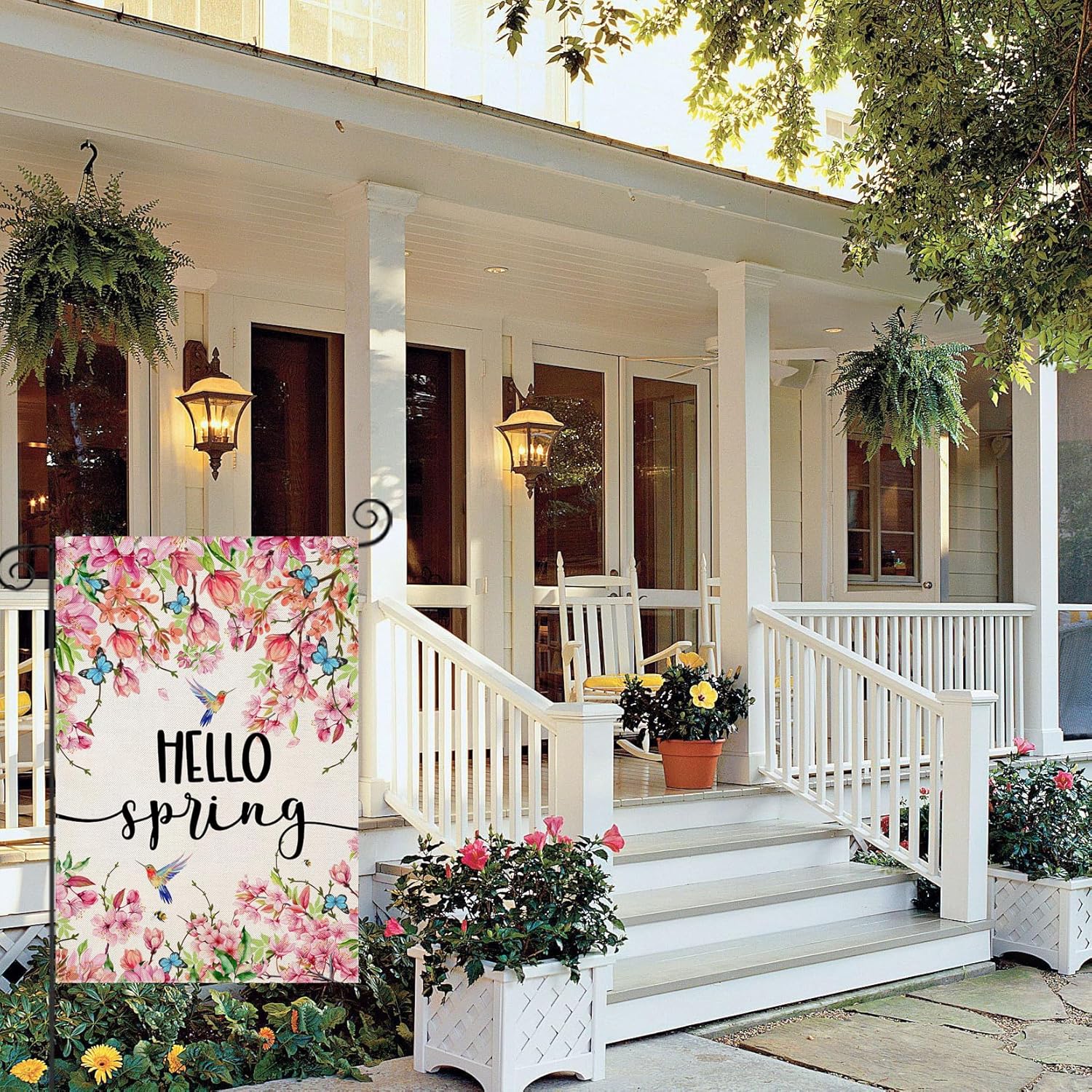Hello Spring Print Welcome Sign For Garden Decoration flying on outdoor flagpole