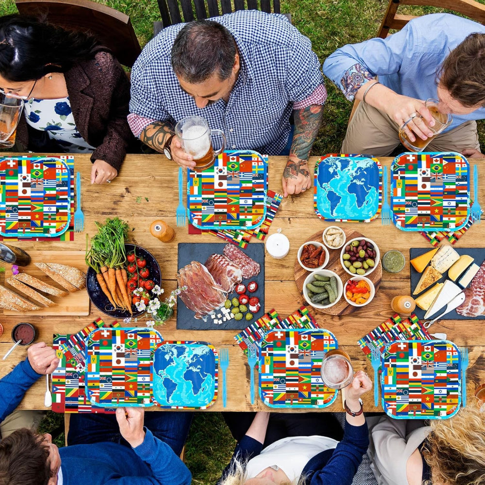 200 Piece World Flag Printed Party Tableware Set with brass grommet hardware detail