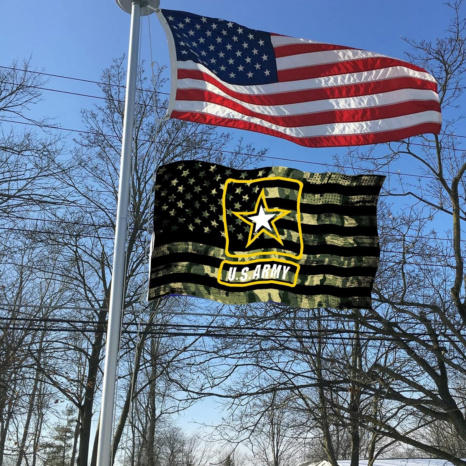 US Army Flag For Outdoor And Indoor Display flying on outdoor flagpole