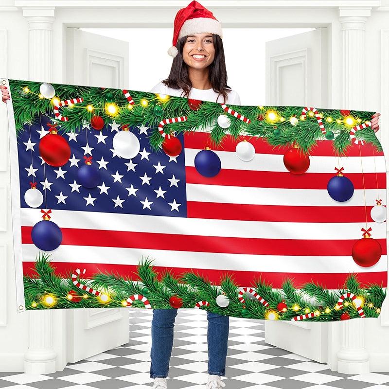 Christmas US Flag Outdoor – Holiday Decoration for Garden and Home - front view on white background