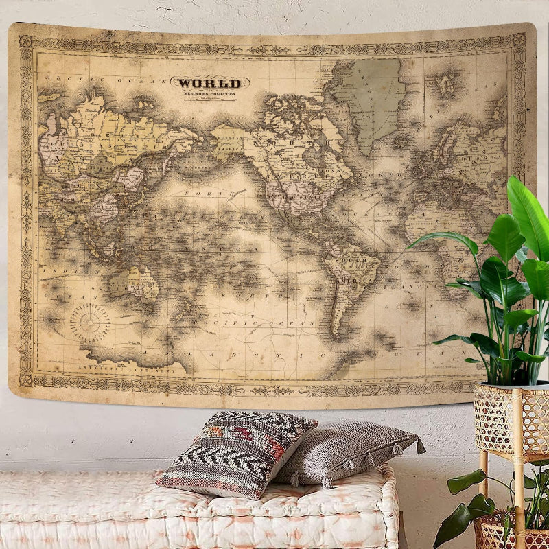 Old World Map Banner - Vintage Tapestry For Home Decor-Globe Flags