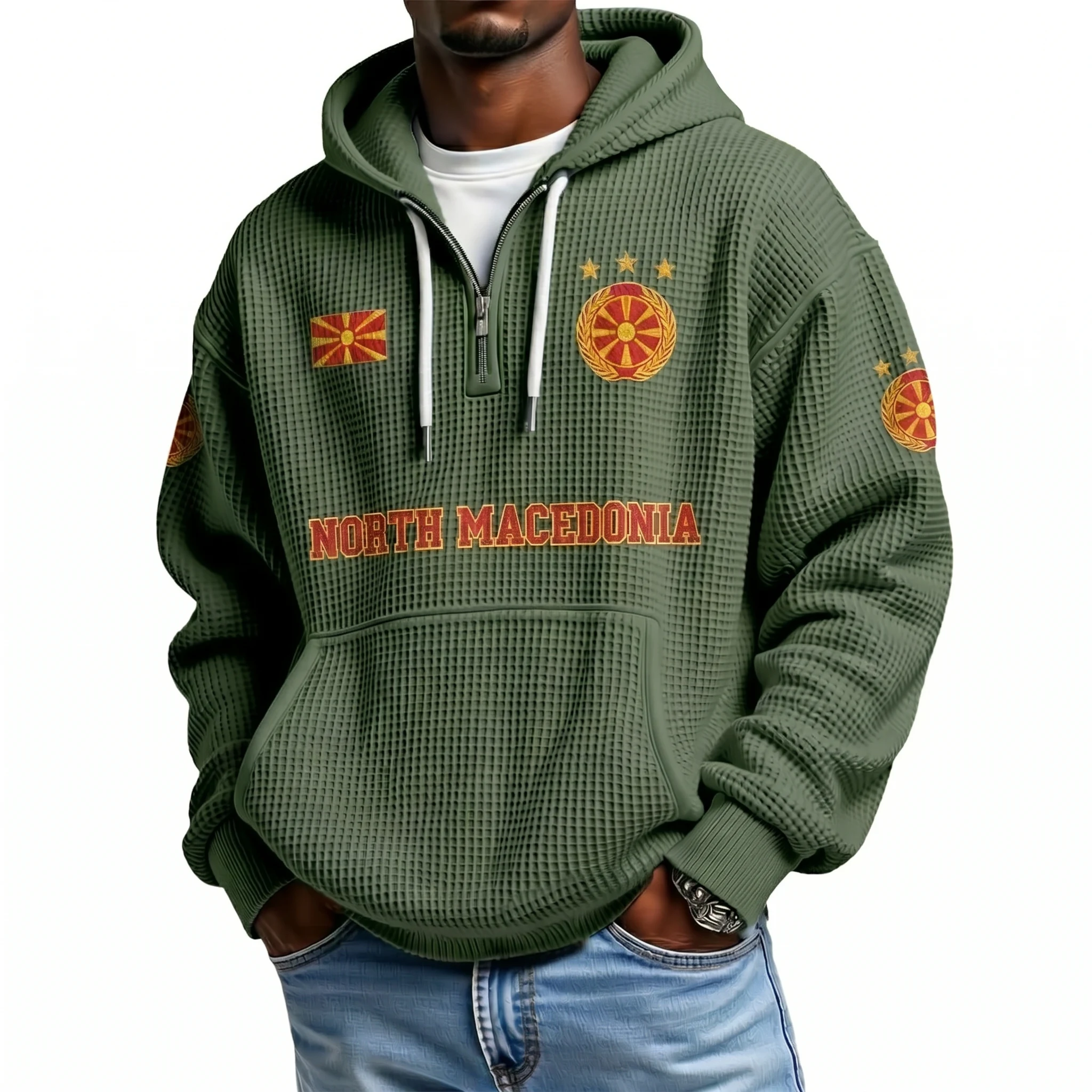 North Macedonia Printed Waffle Quarter Zip Football Fan Hoodie