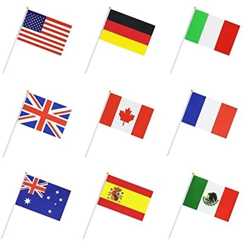 Nine small world flags, including the USA, Germany, Italy, Canada, and Spain, displayed in a grid.