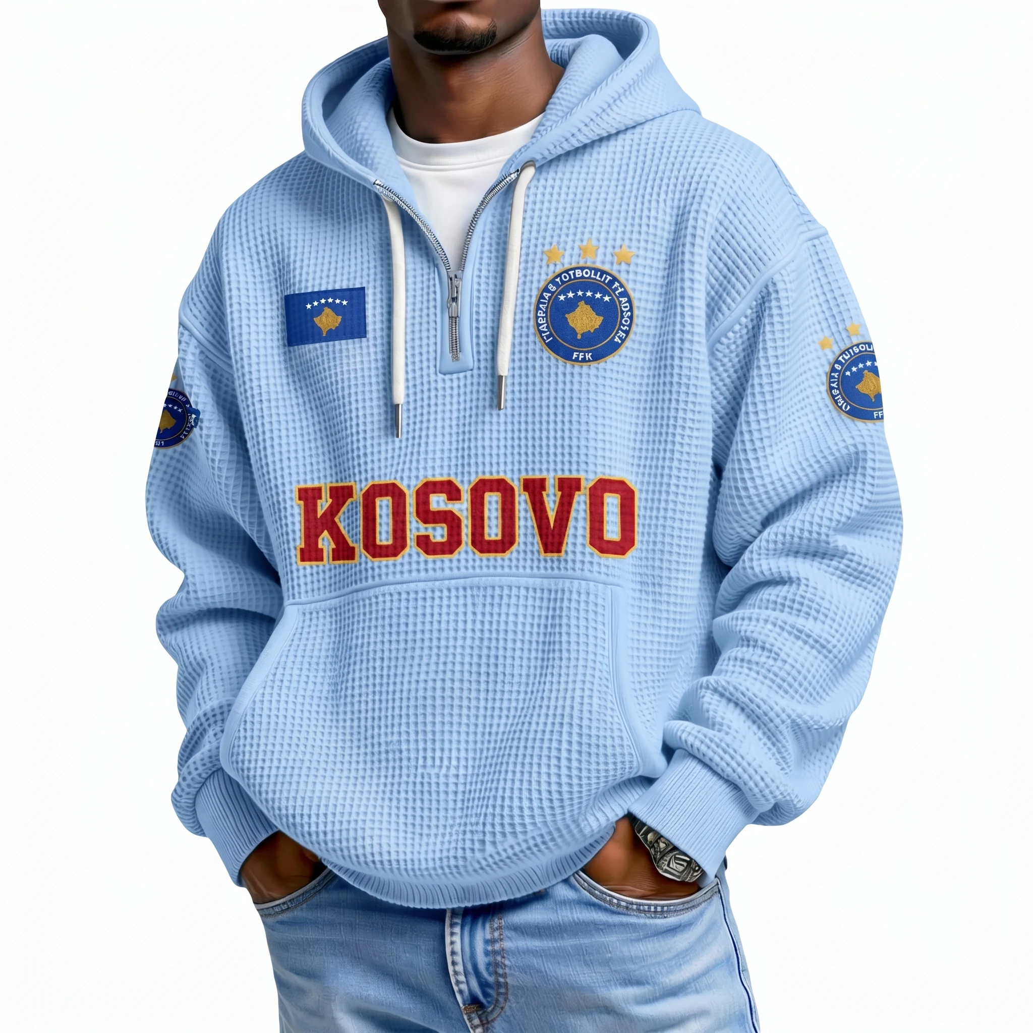 Kosovo Printed Waffle Quarter Zip Football Fan Hoodie
