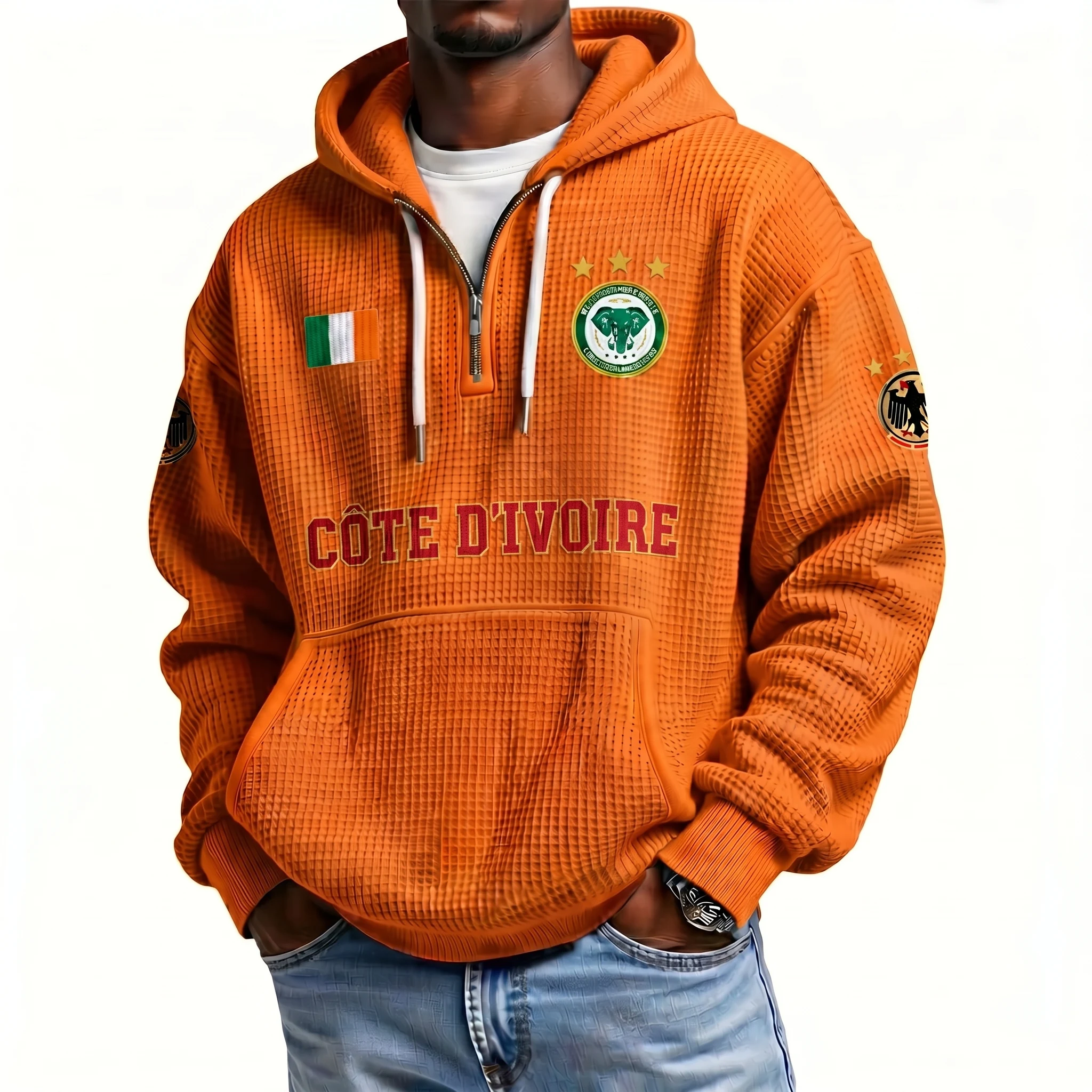 Cote d'Ivoire Printed Waffle Quarter Zip Football Fan Hoodie