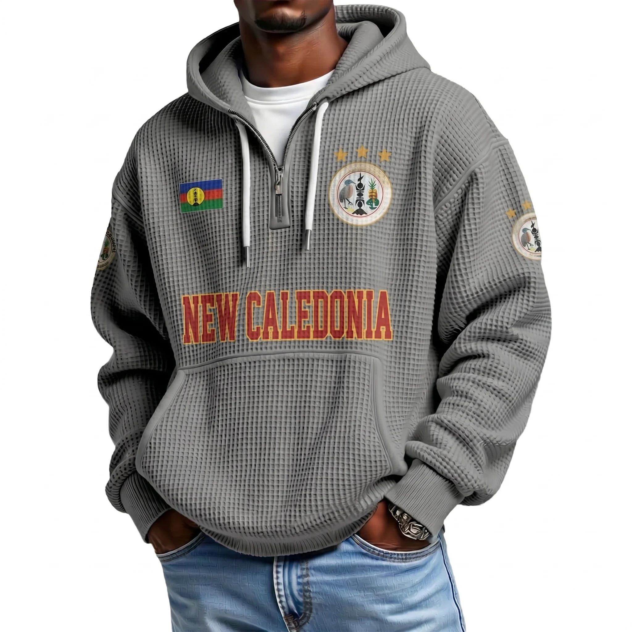 New Caledonia Printed Waffle Quarter Zip Football Fan Hoodie