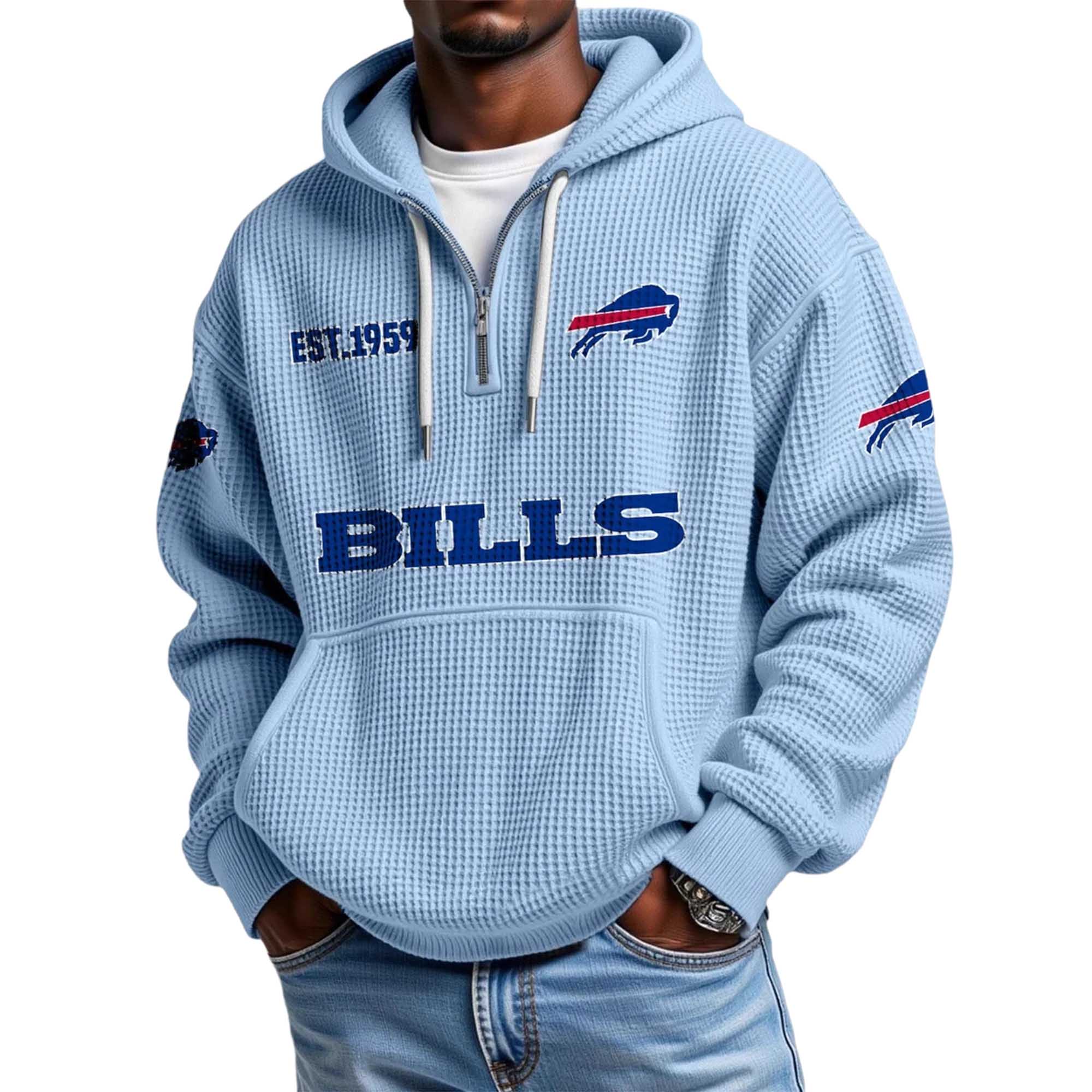 Buffalo Bills EST 1959 Printed Waffle Quarter Zip Football Fan Hoodie