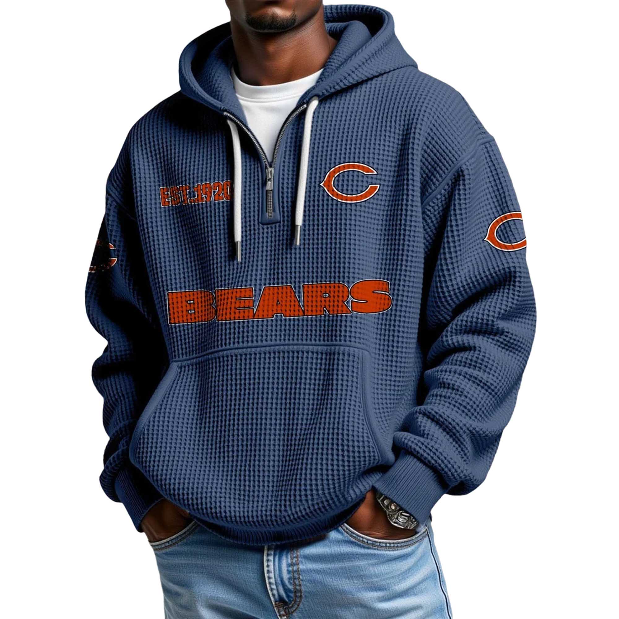 Chicago Bears EST 1920 Printed Quarter Zip Waffle Football Fan Hoodie