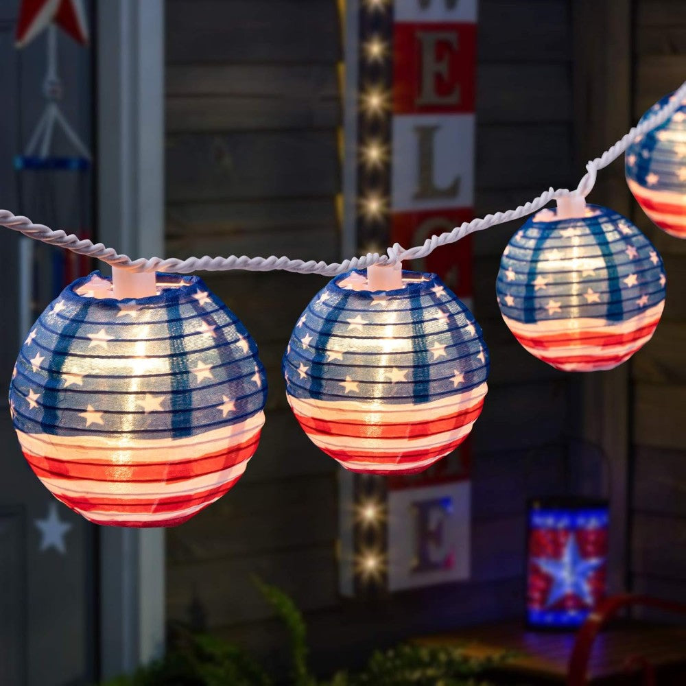 American Flag Printed Nylon Lantern Lights close-up showing fabric texture and vivid colors