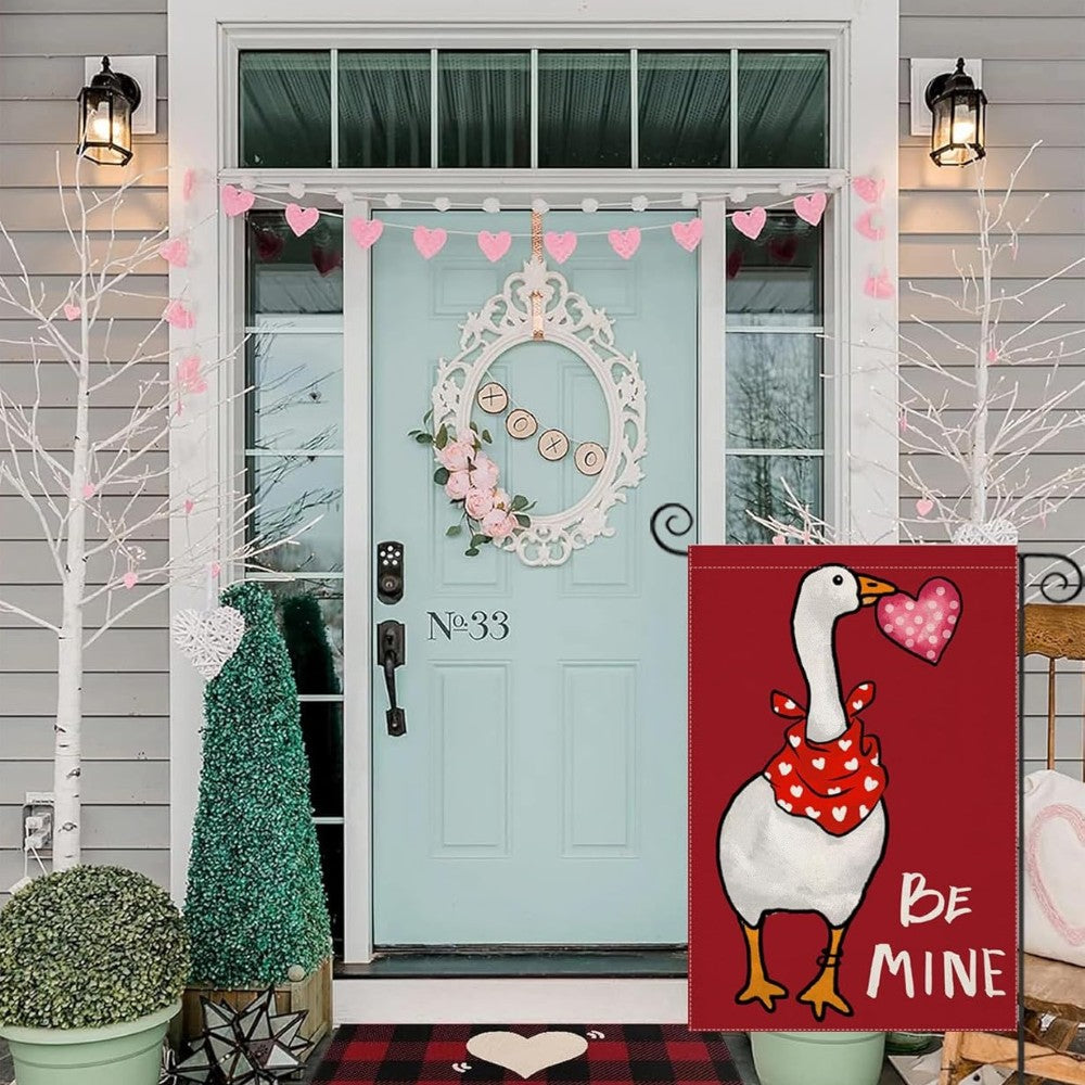 Printed Funny Goose Valentine Day Garden Flag displayed outdoors on garden stake