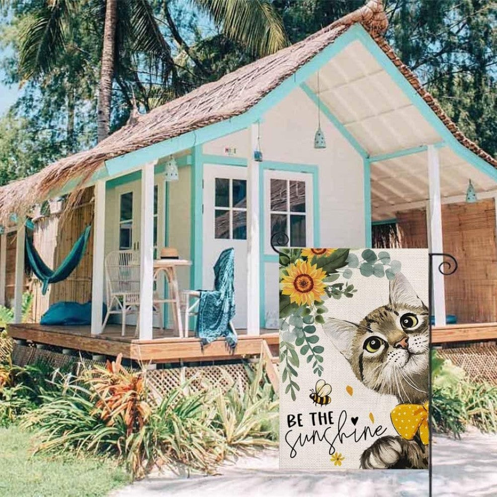 Double Sided Sunshine Cat Printed House Flag - close-up of fabric and stitching detail