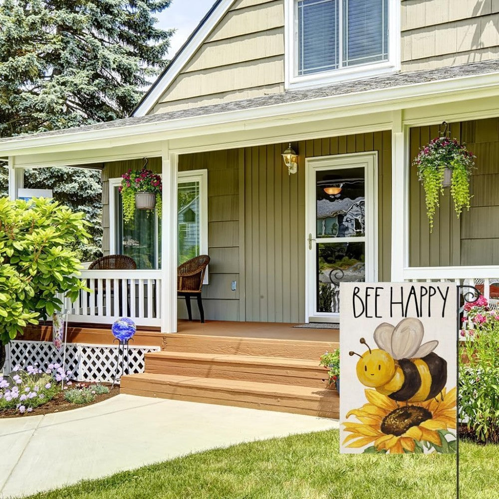 Bee Happy Printed Outdoor Decor Garden Flag displayed outdoors on garden stake
