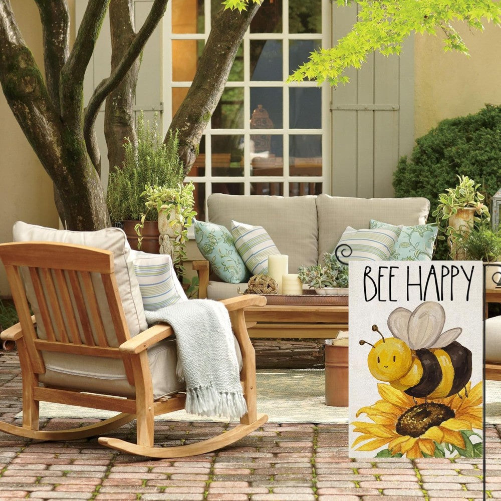 Bee Happy Printed Outdoor Decor Garden Flag in garden yard setting