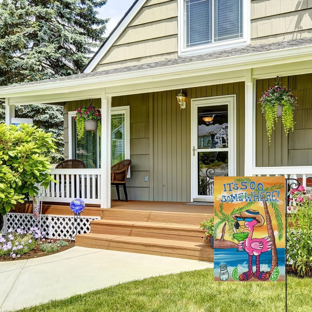 Cartoon Flamingo Printed Summer Garden Flag displayed outdoors on garden stake