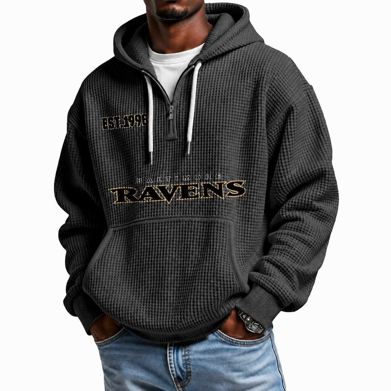 Baltimore Ravens EST 1996 Printed Quarter Zip Waffle Football Fan Hoodie