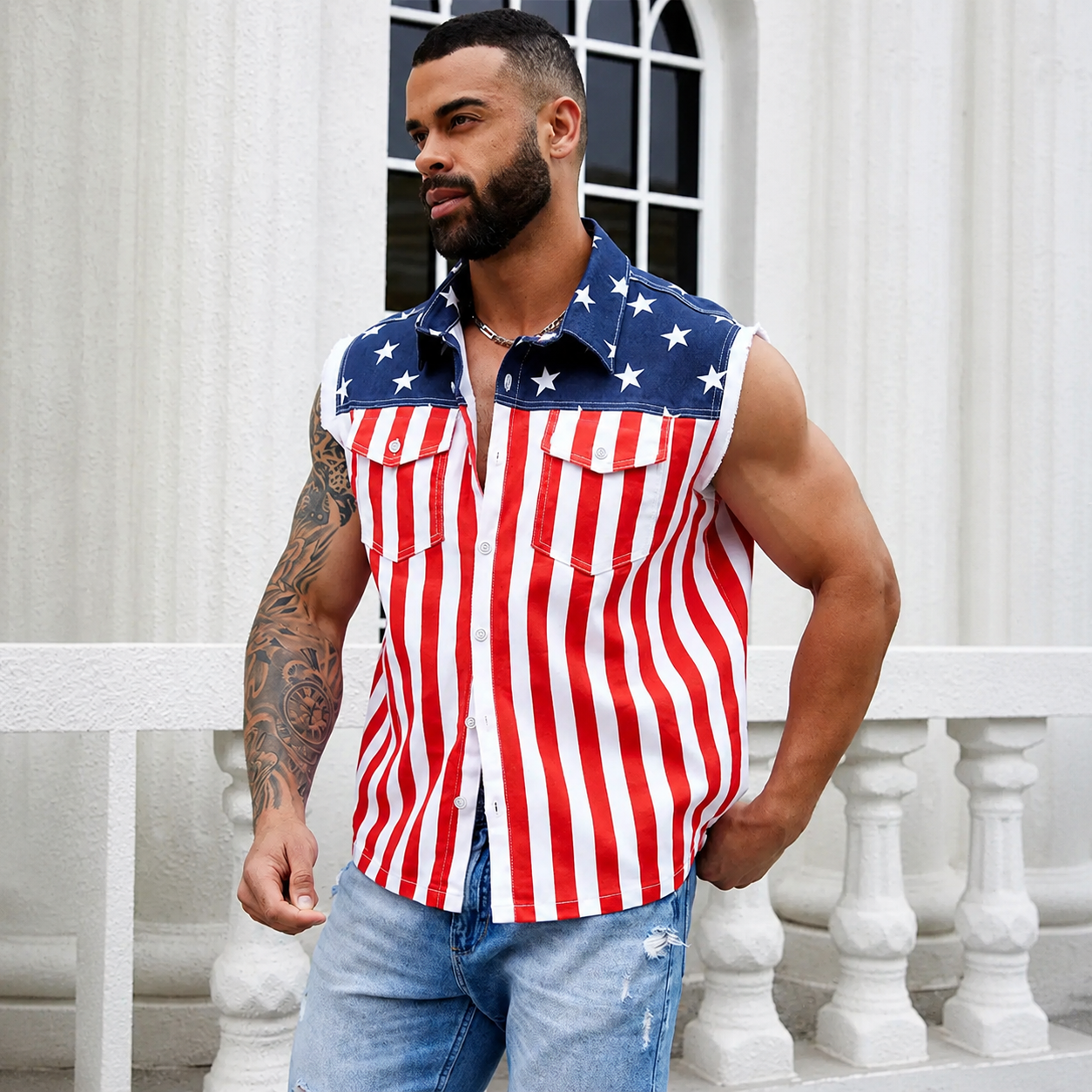 Unisex Summer Sleeveless American Flag Denim Jacket