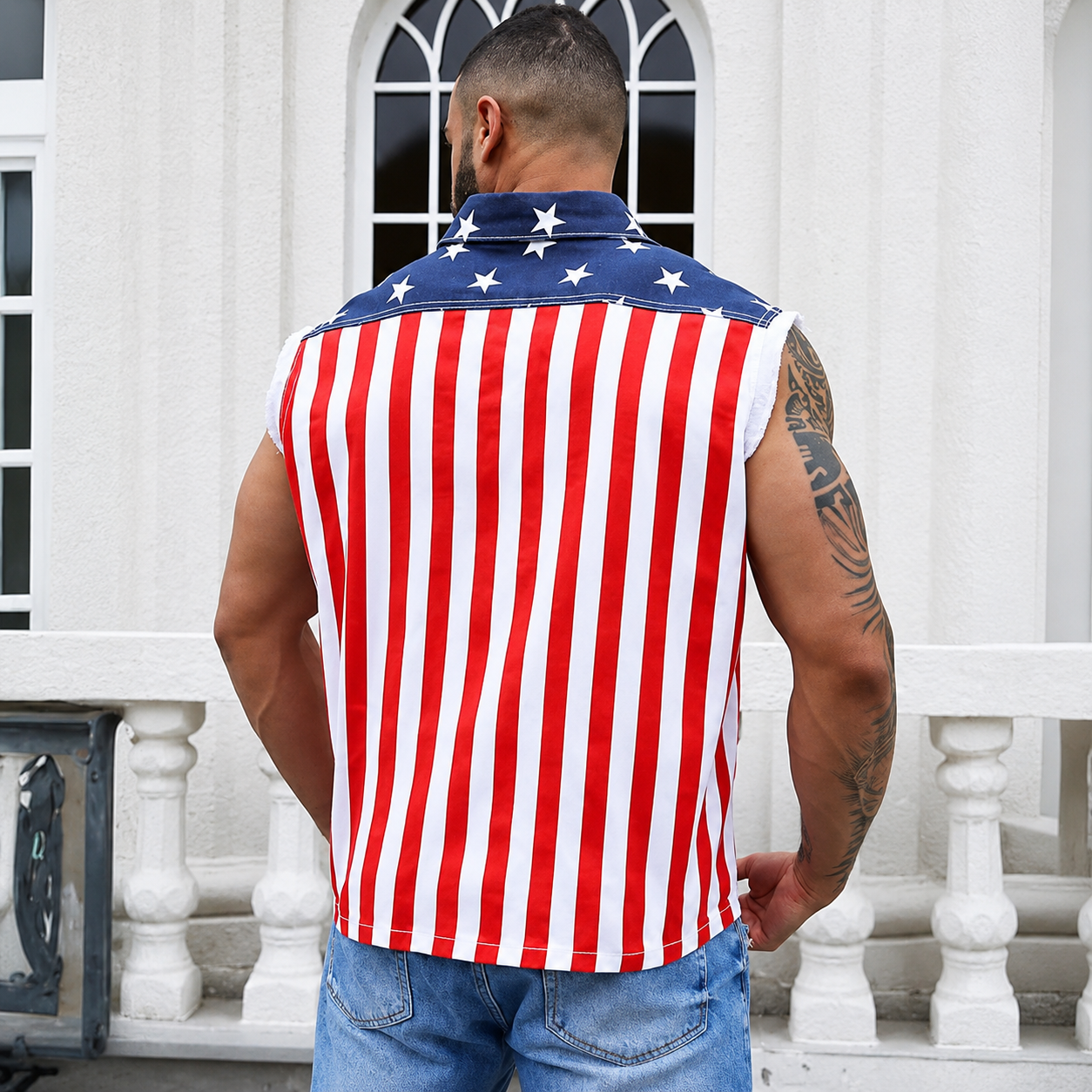 Unisex Summer Sleeveless American Flag Denim Jacket