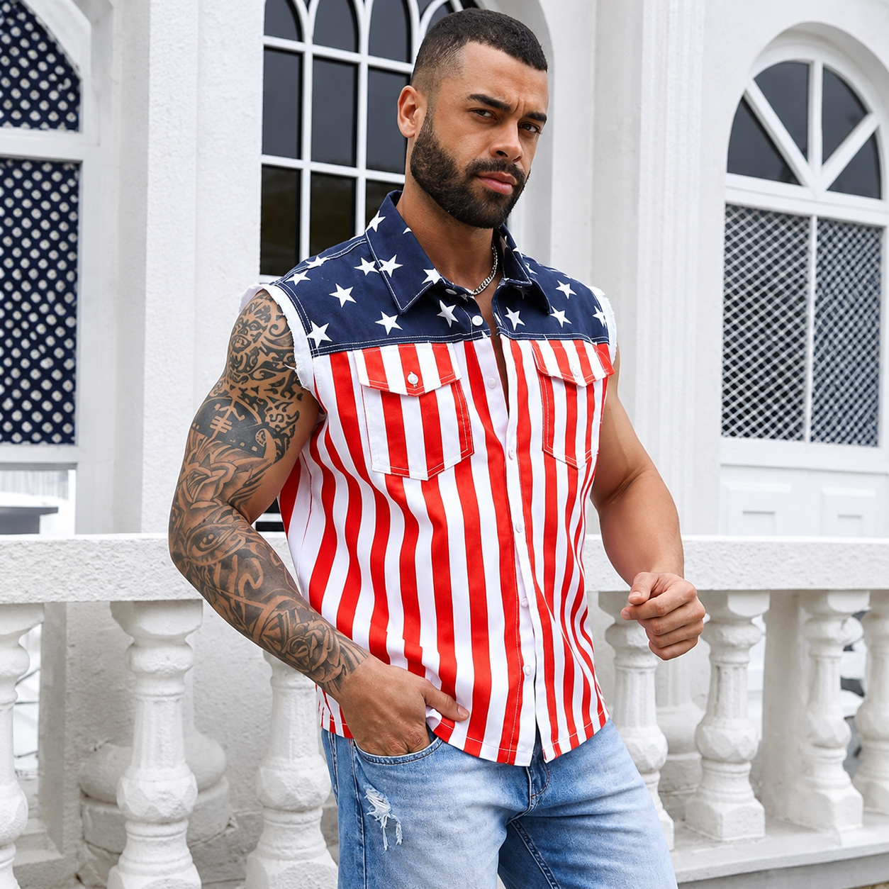 Unisex Summer Sleeveless American Flag Denim Jacket
