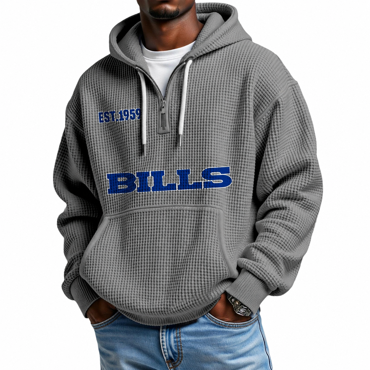 Buffalo Bills EST 1959 Printed Waffle Quarter Zip Football Fan Hoodie
