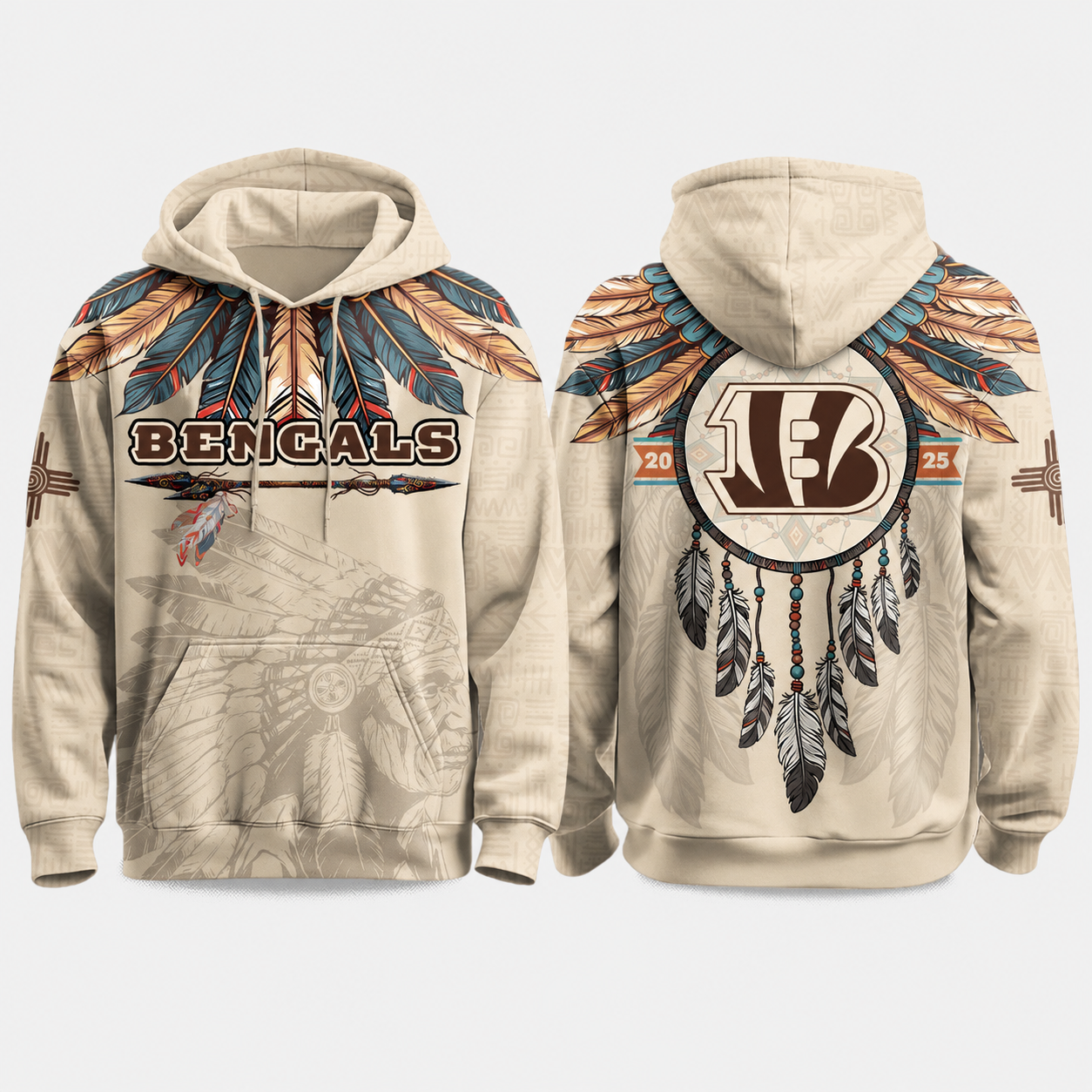 Native Heritage Inspired Cincinnati Bengals Football Fan Printed Pullover Hoodie