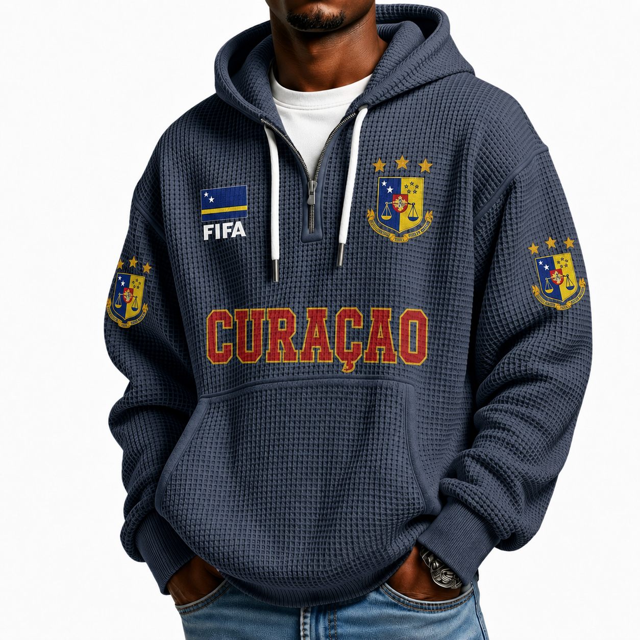 FIFA 2026 Curacao Printed Waffle Quarter Zip Football Fan Hoodie